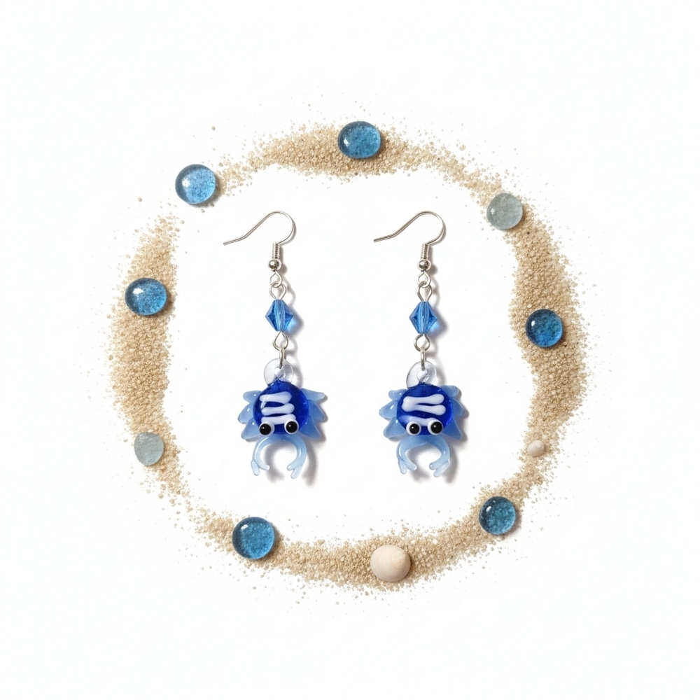 Glass Crab Earrings Handmade Artisan Glass Blue White Beaded Beach Summer Dangle - Picture 4 of 7